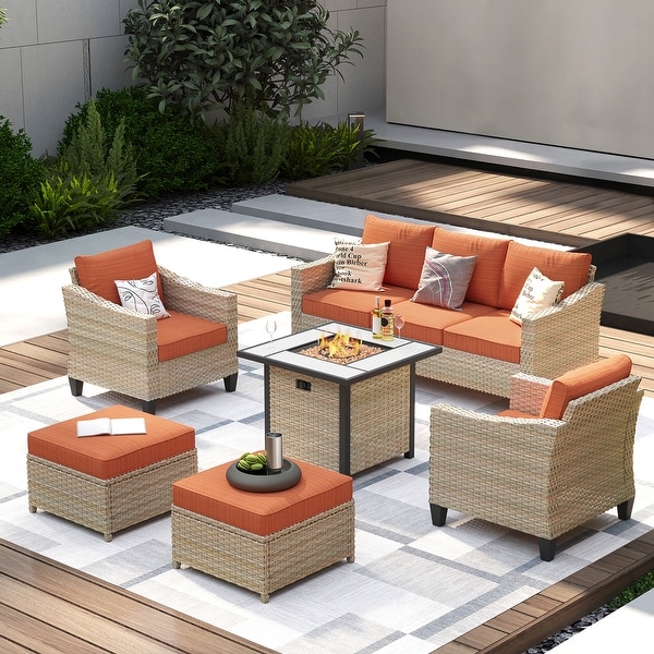 XIZZI Patio Rattan Wicker Furniture 6Piece Set with Fire Pit