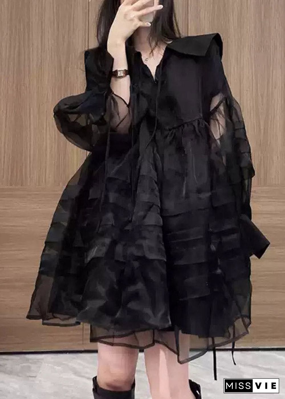 French Black V Neck Patchwork Tulle Mid Dresses Long Sleeve