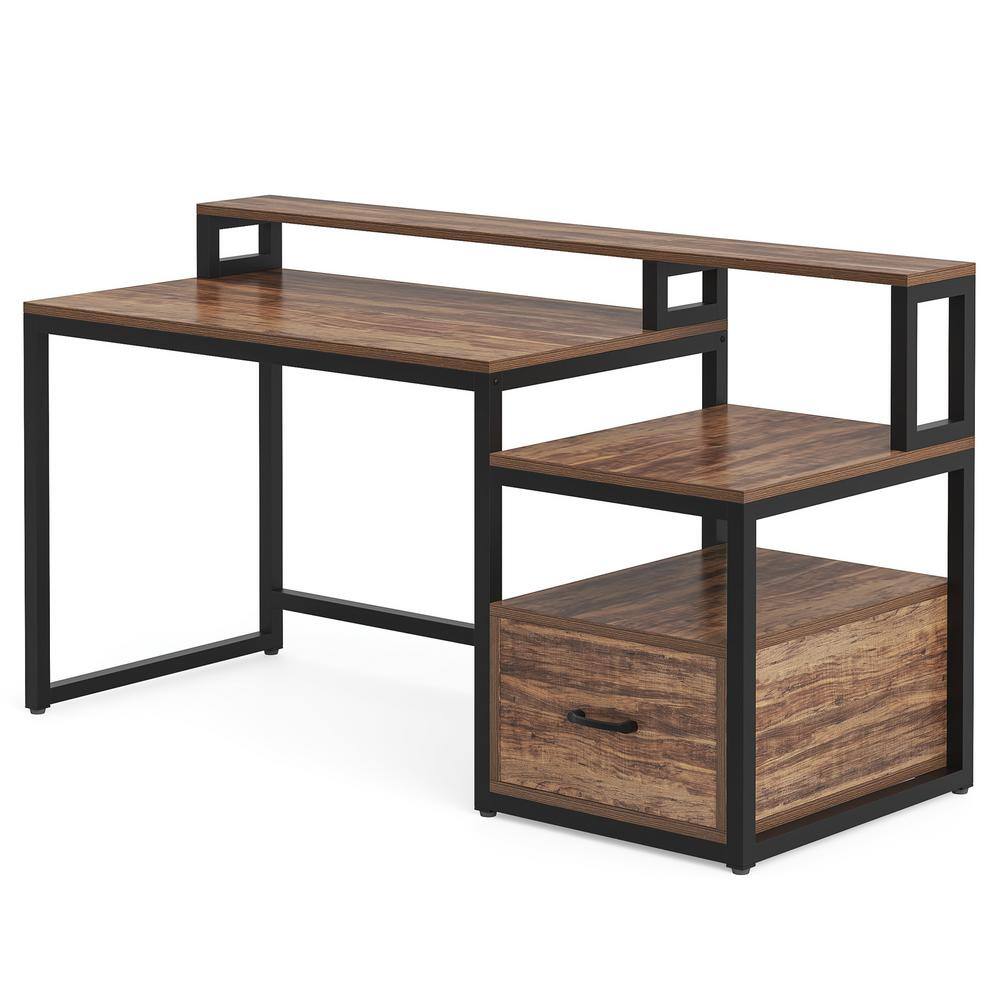 TRIBESIGNS WAY TO ORIGIN Matt 59 in. Rectangular Black Metal Brown Particle Board Wood 1 File Drawer Computer Desk with Monitor Stand and Shelf HD-C0157