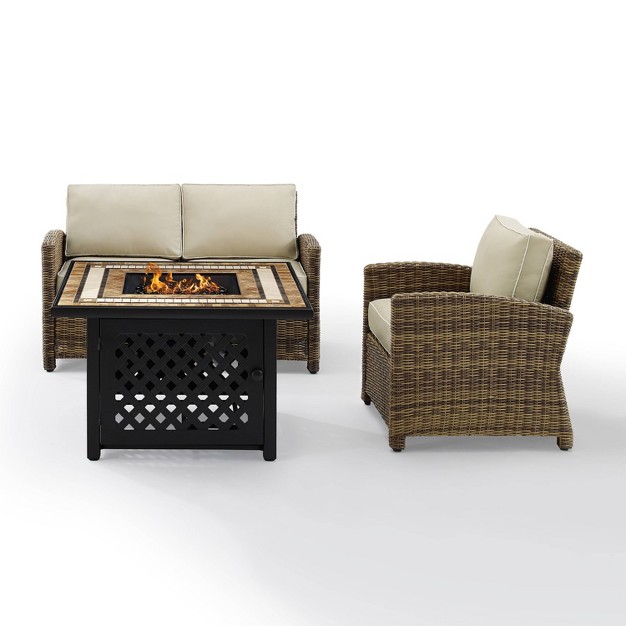 Crosley 3pc Bradenton Steel Outdoor Patio Fire Pit Furniture Set Tan brown