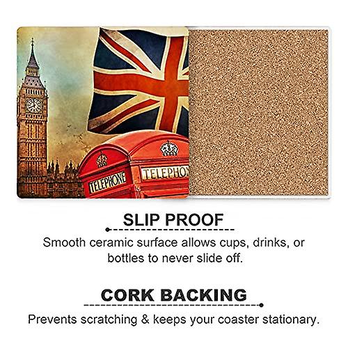 Colourlife Symbols Of London Printed Square Ceramic Coaster For Drinks With Cork Base For Coffee Cups Place Mats For Home Decor Set Of 4 Pieces