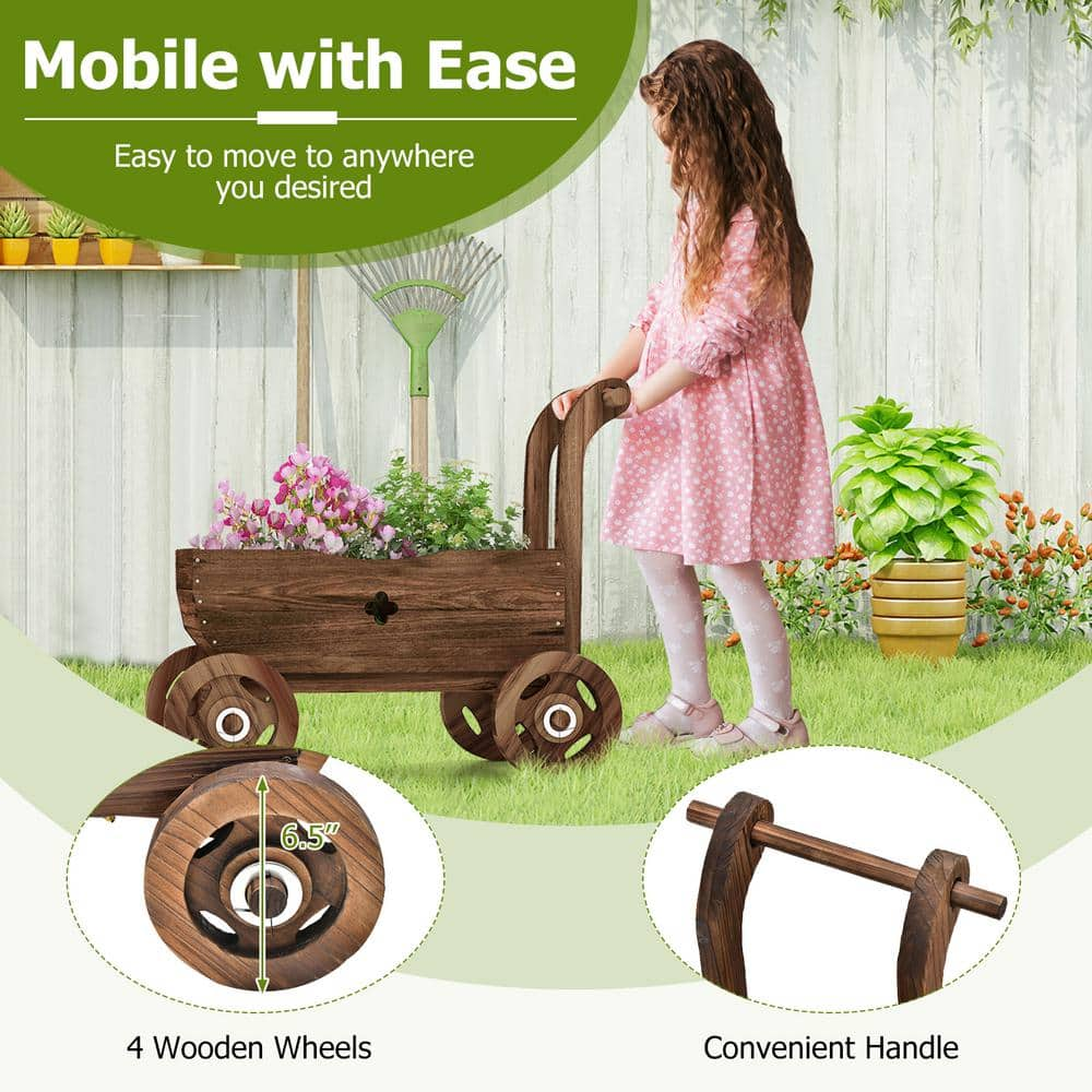 HONEY JOY Wooden Wagon Planter Box Decorative Garden Planter with Wheels Handle Drain Hole Rustic Wooden Flower Planter TOPB006816