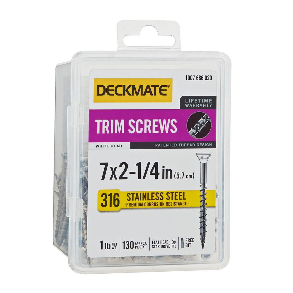 Deckmate Marine Grade Stainless Steel  #7 X 2-14 in.Wood Trim Screw (White Head) 1lb (Approximately 130 Pieces) 867060