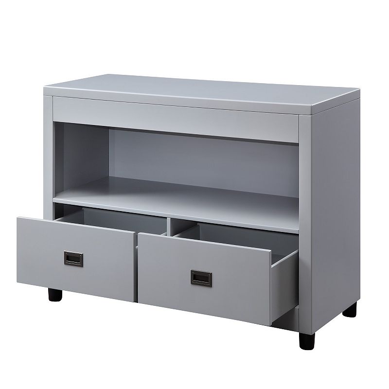 Wooden Console Cabinet with 2 Drawers and Open Shelf， Gray and Black