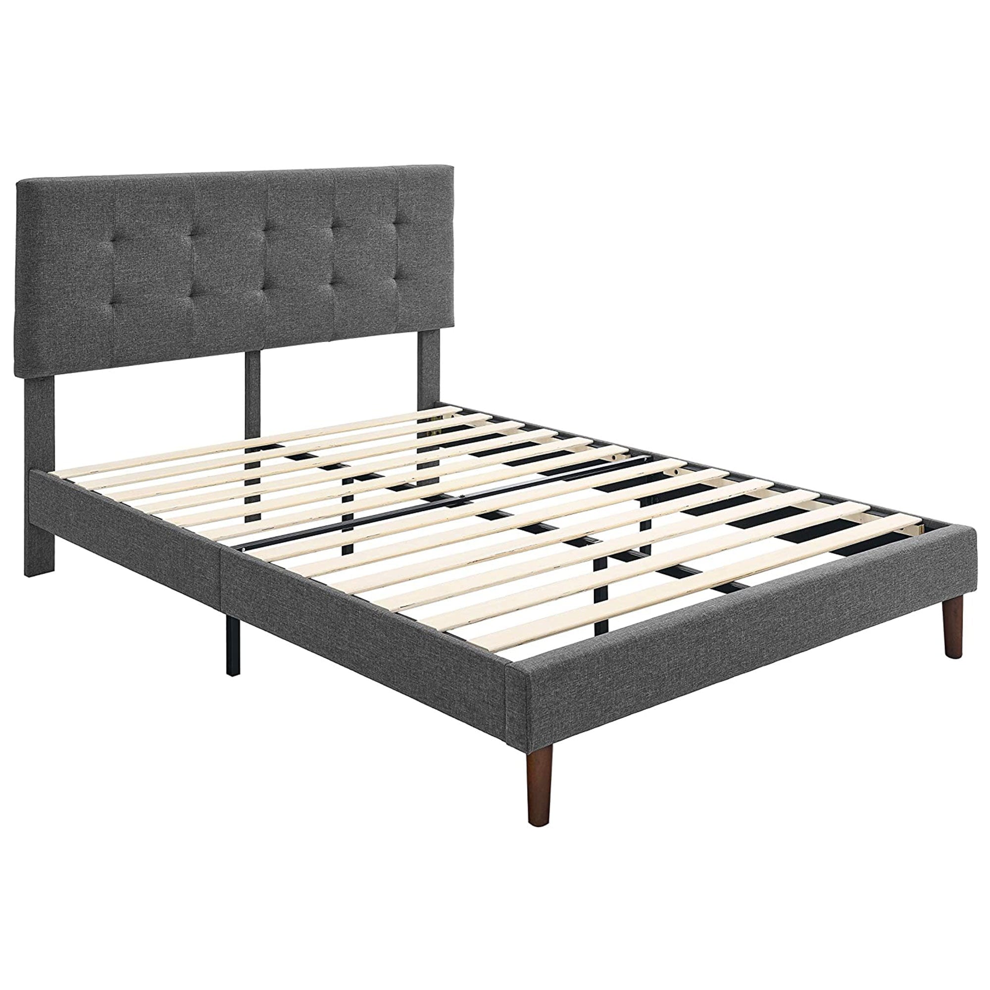 BIKAHOM Upholstered Platform Bed with Square Headboard, King, Dark Grey