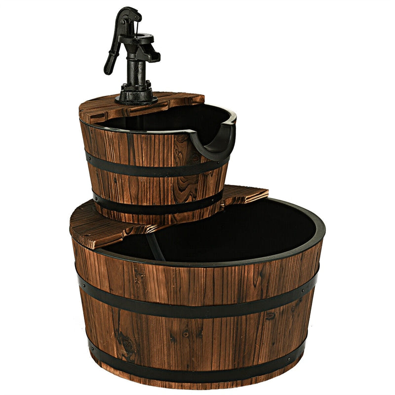 2-Tier Outdoor Barrel Waterfall Fountain with Hand Pump for Garden Backyard