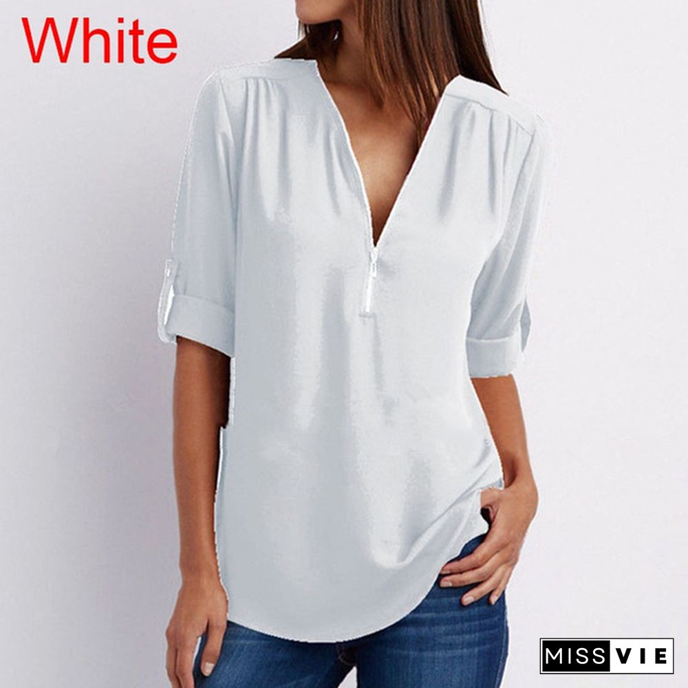 Plus Size Women's Fashion Chiffon Shirt V-neck Long Sleeve Loose Tops Zipper T-Shirt( S-4XL)