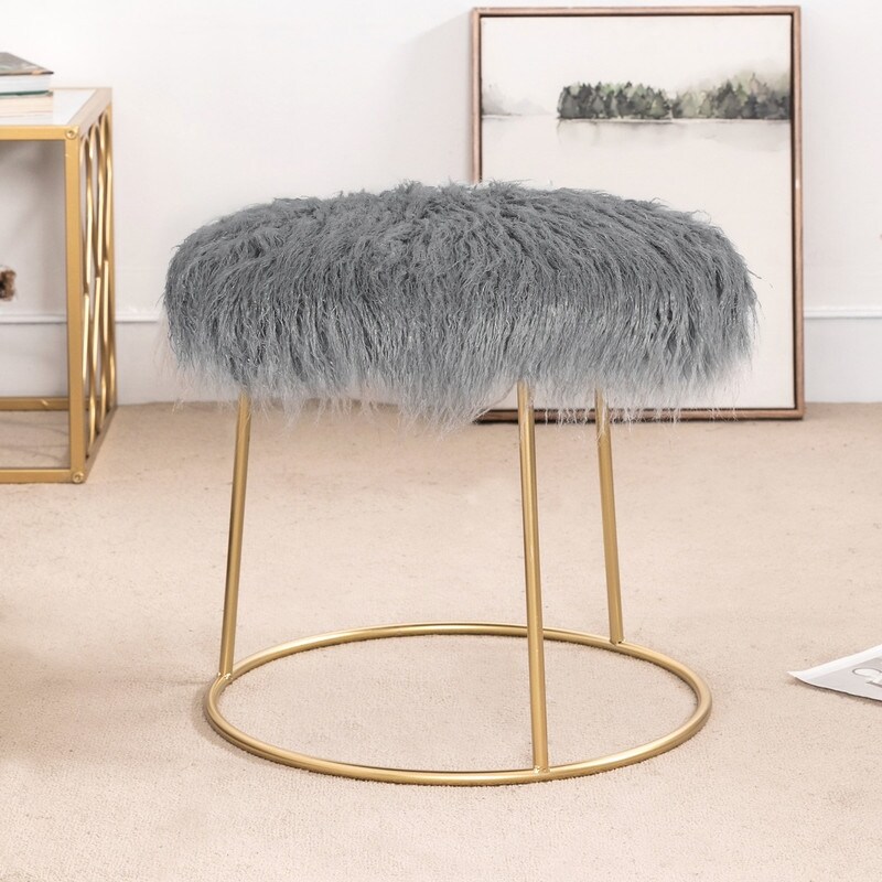 Adeco Vanity Stool Chair Fluffy Ottoman Footrest Round Metal Base