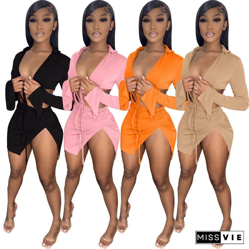 Long Sleeve Bandage Crop Top Bodycon Slit Skirt Set