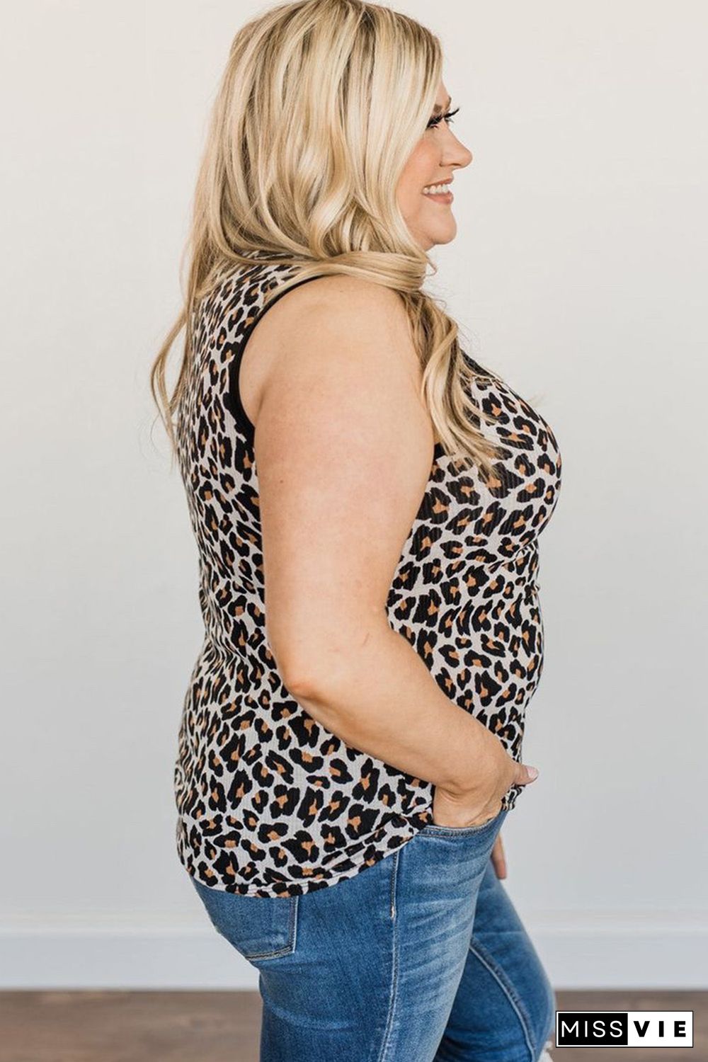 Plus Size Lace Splicing Leopard Print Tank Top