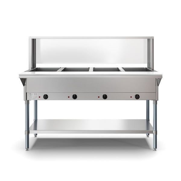 4-Pan Open Well Commercial Electric Stainless Steel Steam Table with Sneeze Guard， Warming Control Knobs， Front Serving Area