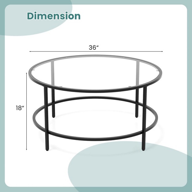 Costway 36 x27 x27 Round Coffee Table Tempered Glass Tabletop Metal Frame Living Room Black golden