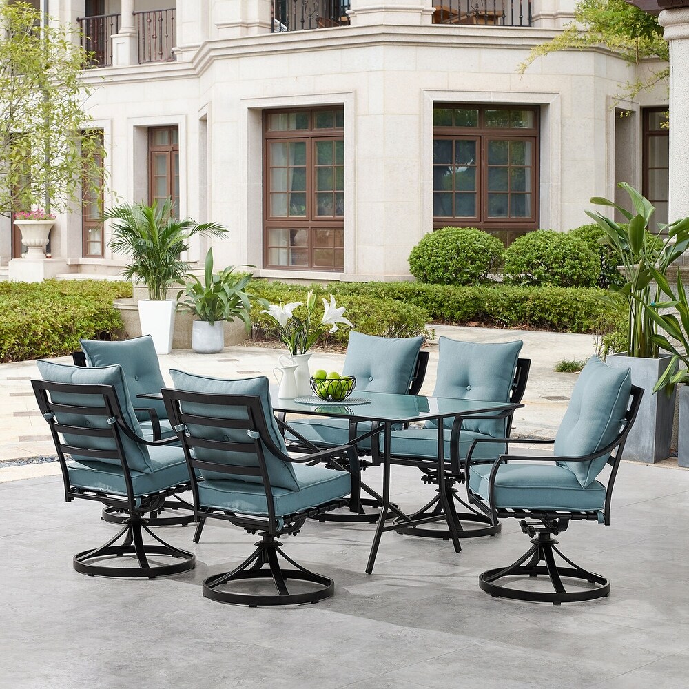 Hanover Lavallette 7 Piece Dining Set in Ocean Blue with 6 Swivel Rockers and a 66\