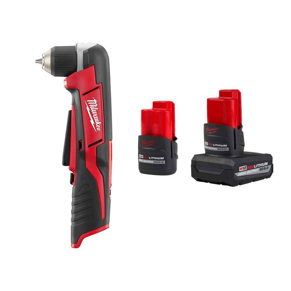 MW M12 12-Volt Lithium-Ion XC High Output 5.0 Ah Battery Pack WHigh Output 2.5 Ah Battery Pack + 38 in. Right Angle Drill 48-11-2452S-2415-20