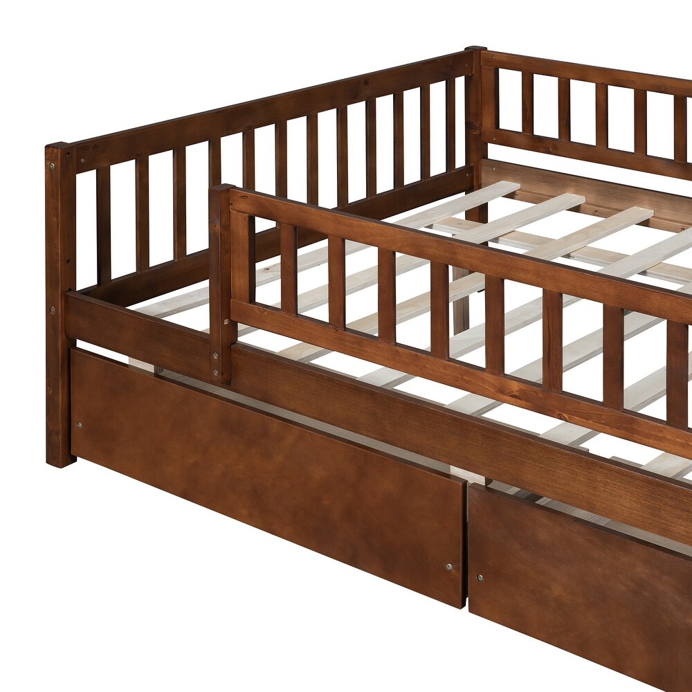 Full Size Daybed with 2 Drawers and Fence Guardrails  Sturdy Pine Wood Sofa Bedframe for Maximized Space and Comfort  Walnut