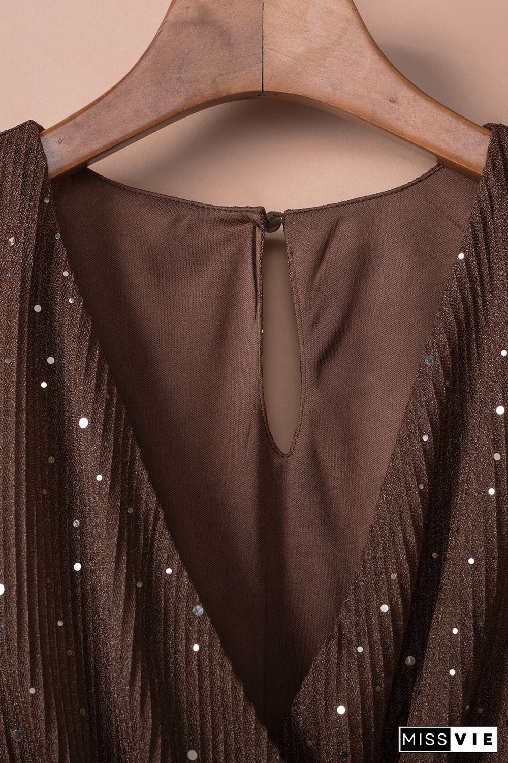 Brown Side Split Rhinestone V Neck Maxi Dress