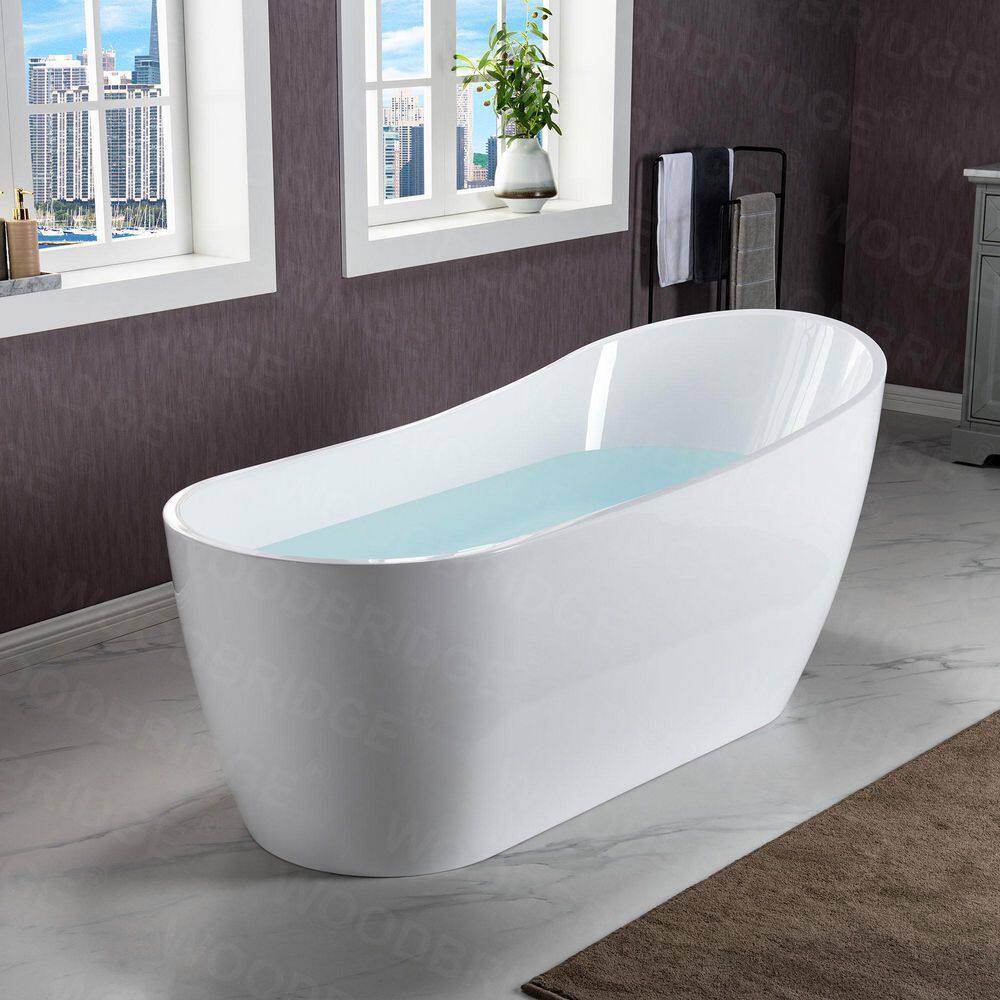 WOODBRIDGE Auch 67 in. Acrylic FlatBottom Single Slipper Bathtub with Brushed Nickel Overflow and Drain Included in White HBT5658