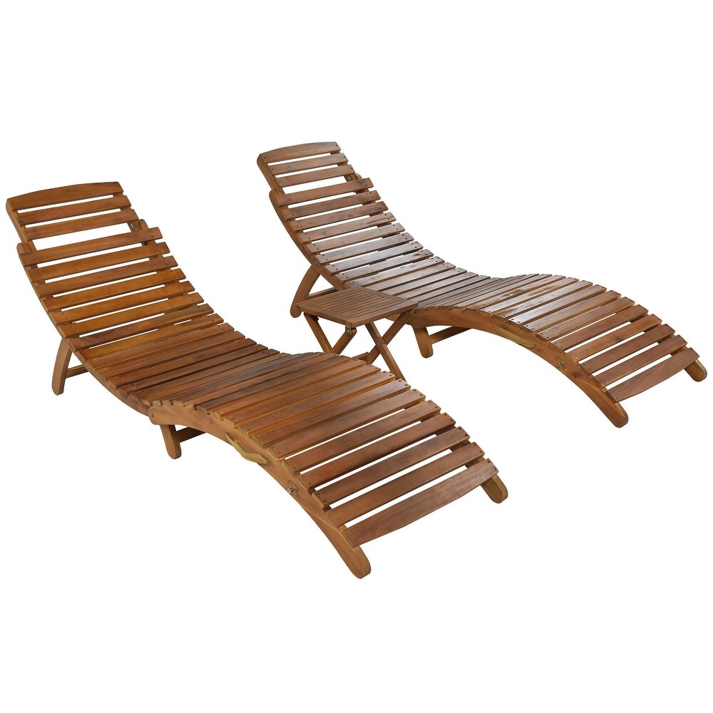 Outdoor Patio Wood Portable Extended Chaise Lounge Set with Foldable Tea Table