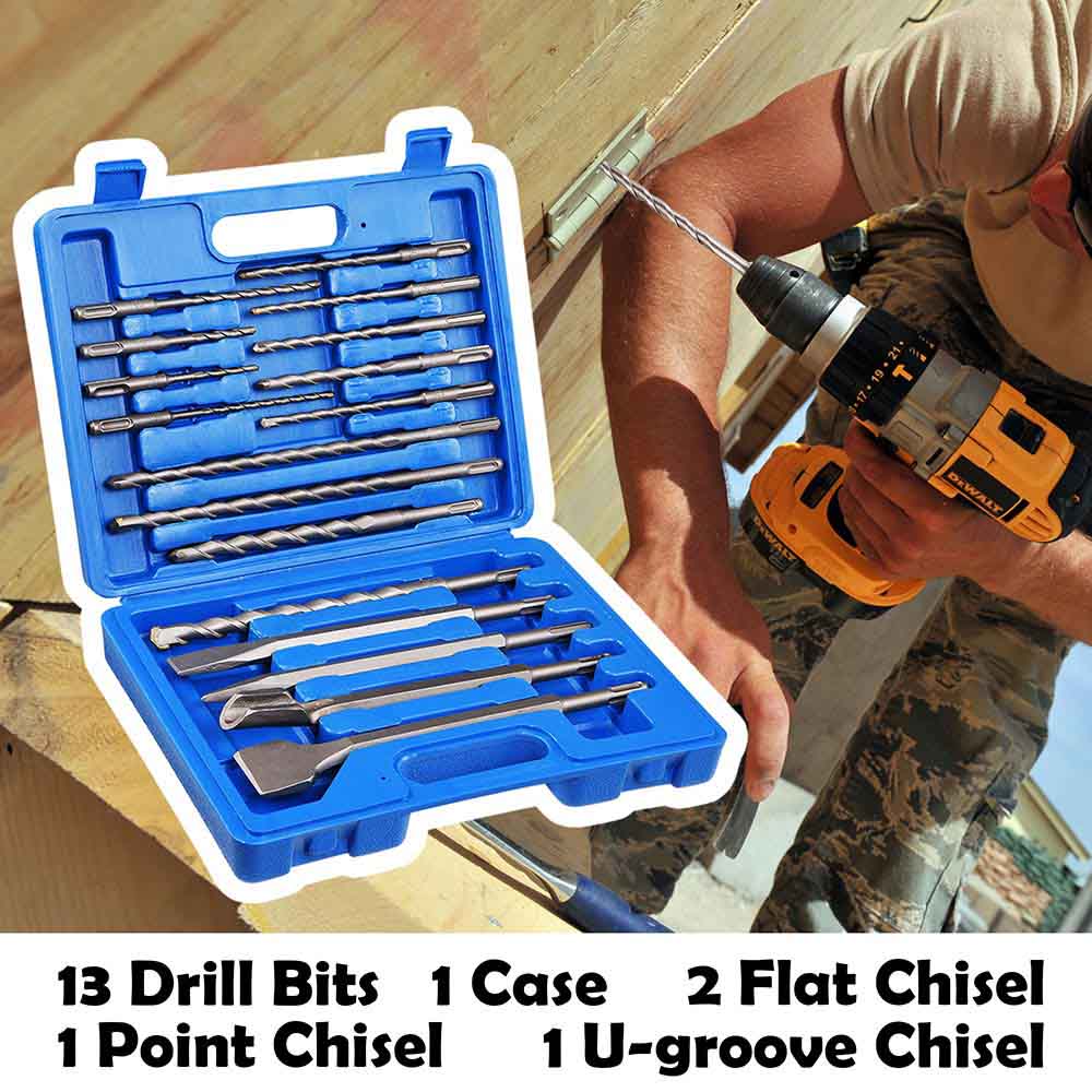 Yescom Rotary Hammer SDS Plus Drill Bit Chisel Set 17 Pieces w/ Case