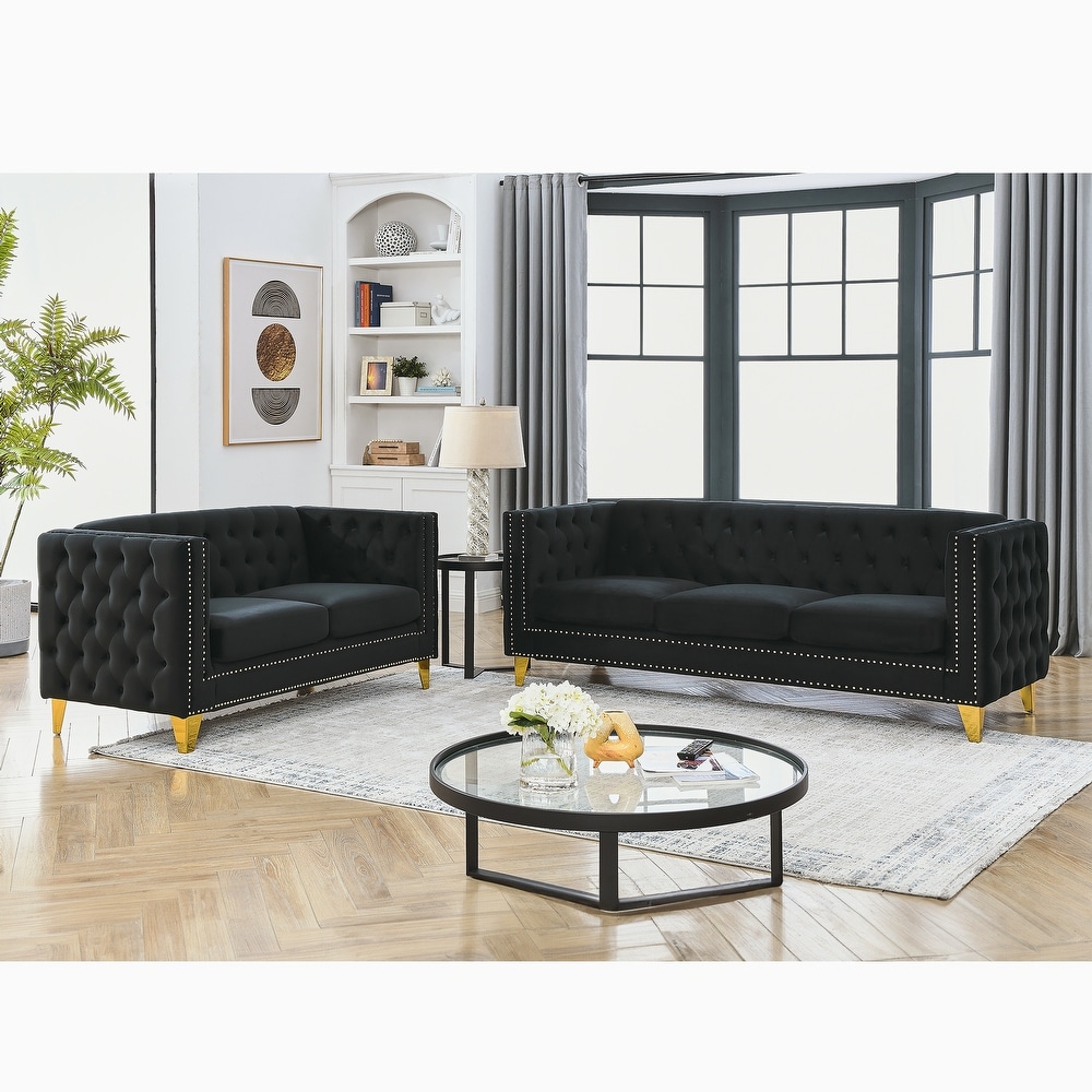 Classic Velvet Chesterfield Sofa Set with Nailhead Trim and Buttons Tufted Backrest  Solid Wood Frame  3 Seater Sofa + Loveseat