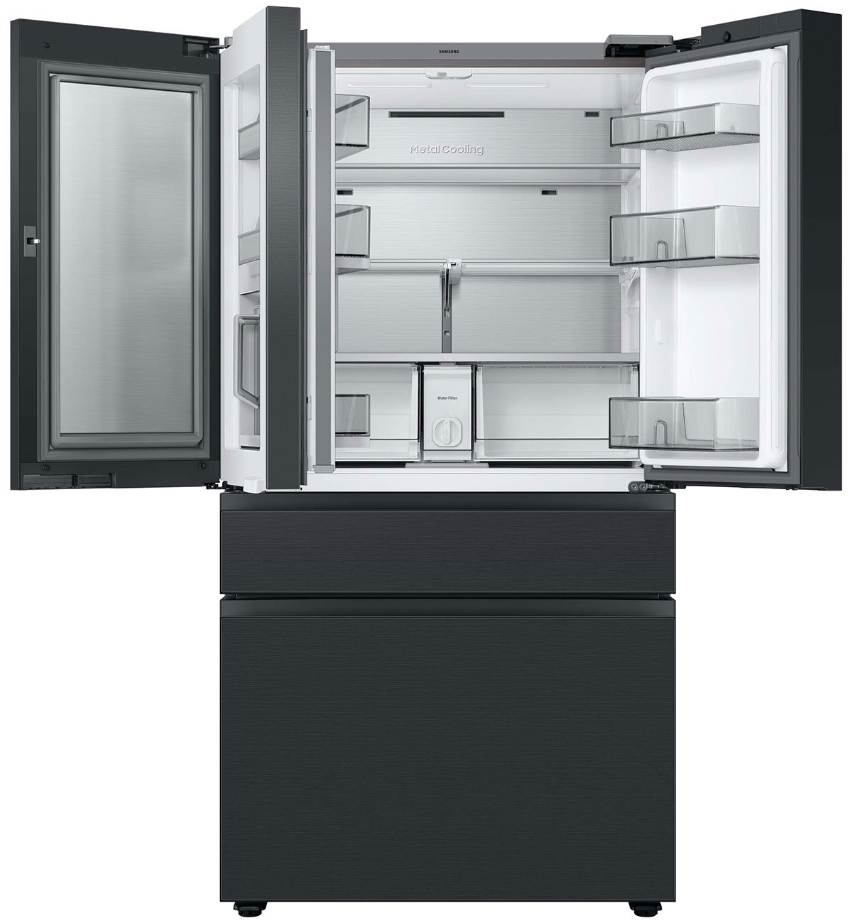  23 Cu. Ft. BESPOKE Counter Depth 4-Door French Door Refrigerator - Charcoal Glass Top Left And Family Hub Panels With Matte Black Steel Middle And Bottom Panels