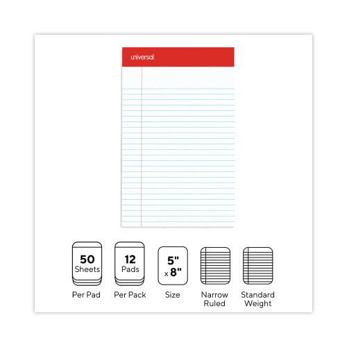 Universal Perforated Ruled Writing Pads， Narrow Rule， 5 x 8， White， 50 Sheets， Dozen (46300)