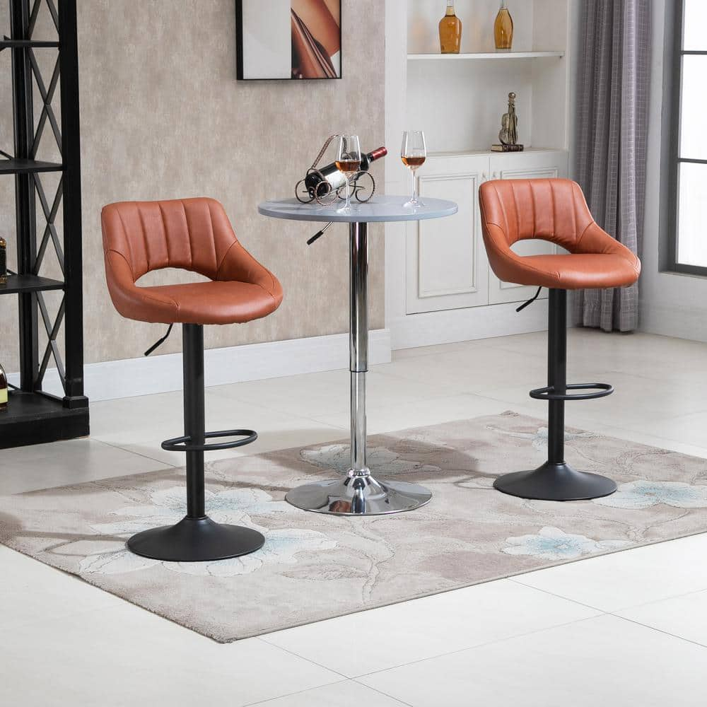 HOMCOM 41.75 in. Brown Small Back Metal Bar Height Swivel Bar Stool with PU Leather Seat (Set of 2) 835-325BN