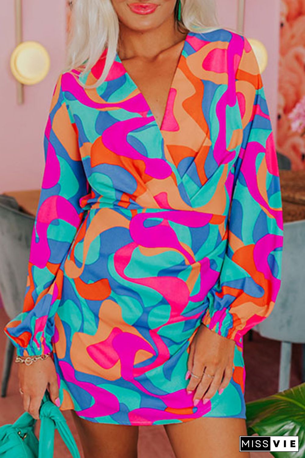 Multicolor Abstract Print Wrap V Neck Puff Sleeve Dress