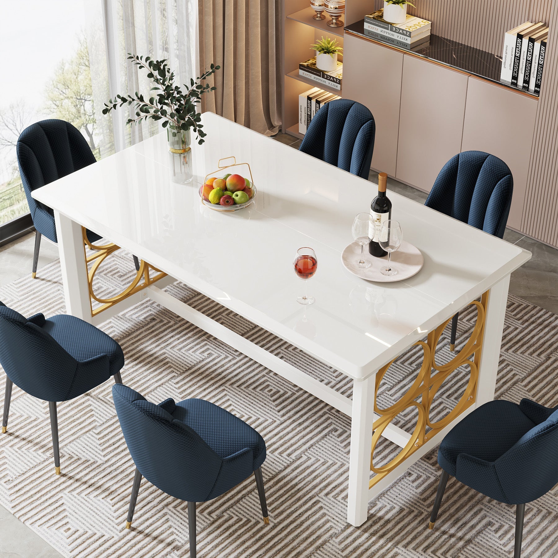 63 Dining Table with Gold Metal & Glossy Surface for 4-6 People