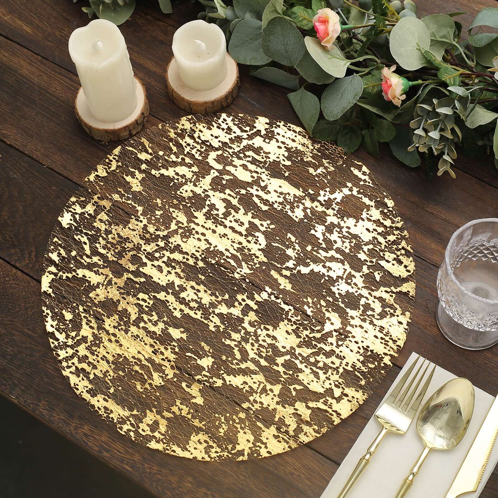 10 Pack Metallic Gold Foil Mesh Table Placemats, Disposable Round Shiny Dining Mats 13