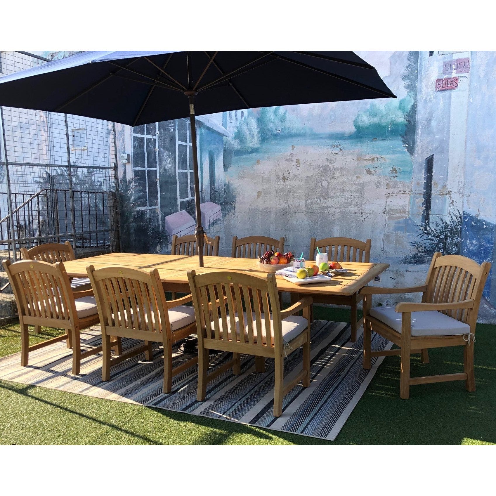 Teak Banquet 9pc Outdoor Dining Set (Teak Extendable Table 88-118 with 8 Teak Tista Arnchairs +FREE Cushions)