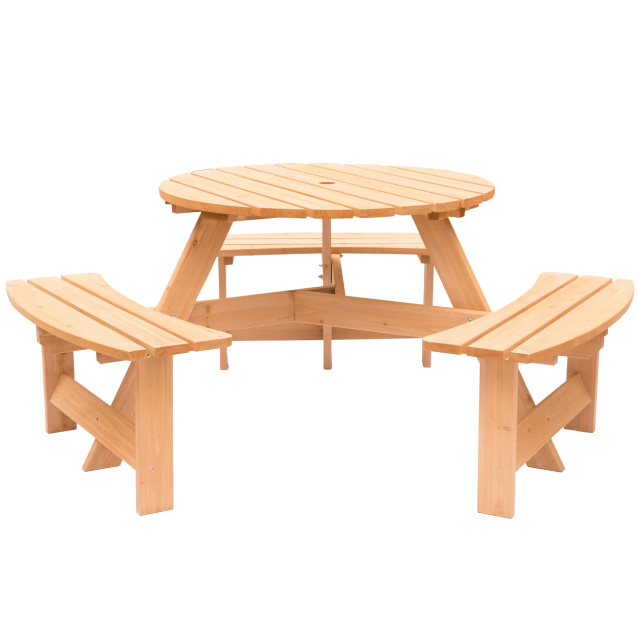 Wooden Outdoor Round Picnic Table with Bench for Patio, 6- Person with Umbrella Hole