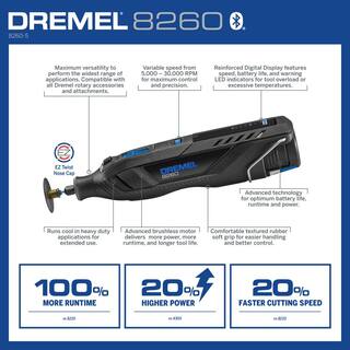 Dremel 8260 12VLi-Ion Variable Speed Cordless Smart Rotary Tool with Brushless Motor5 accessories3Ah BatteryChargerTool Bag 8260-5