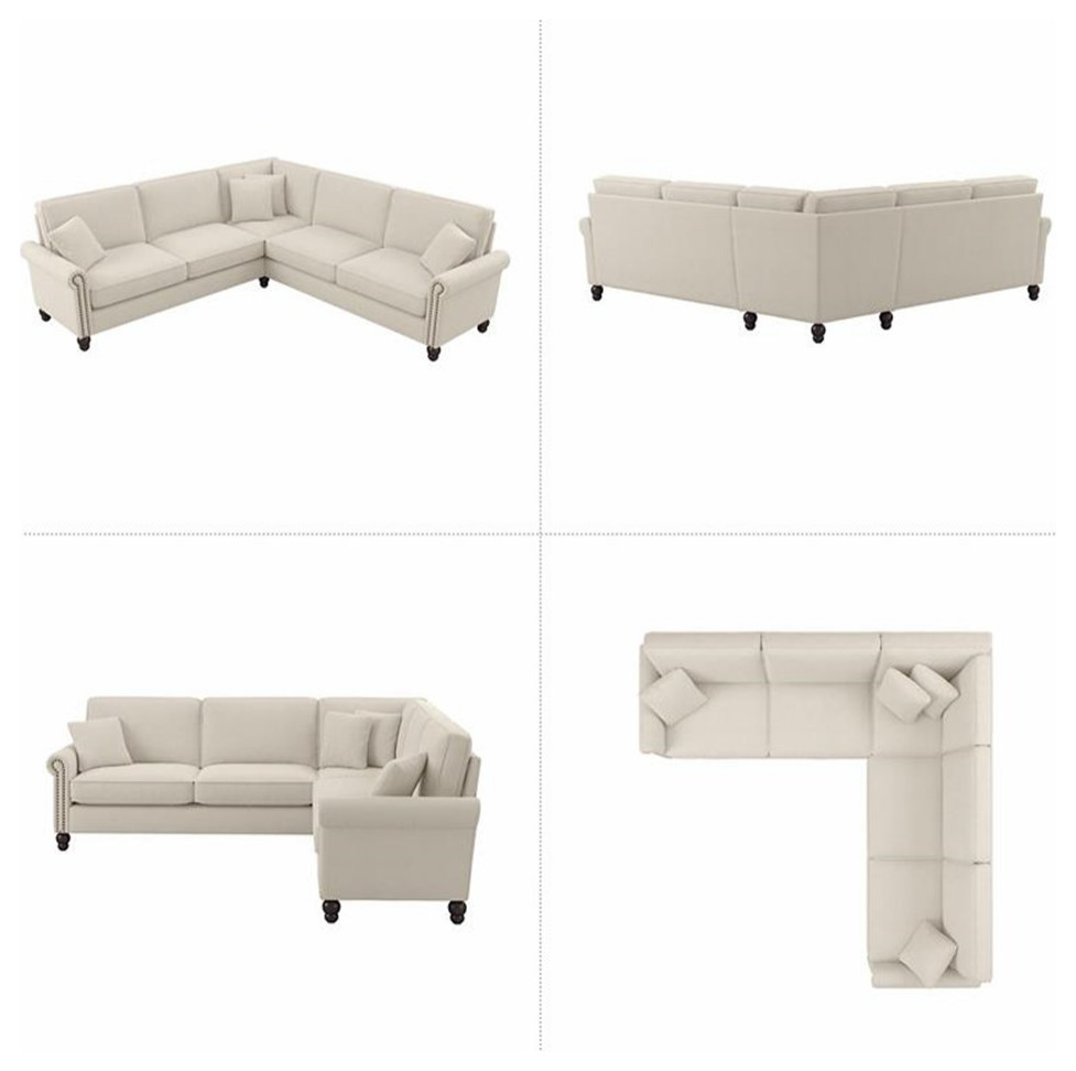 Pemberly Row 99W L Shaped Sectional in Cream Herringbone Fabric   Traditional   Sectional Sofas   by Homesquare  Houzz