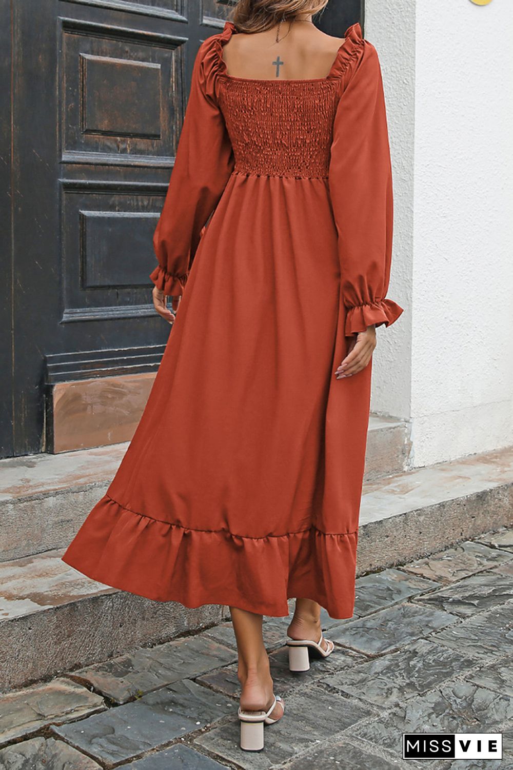 Smocked Square Neck Ruffles Maxi Dress