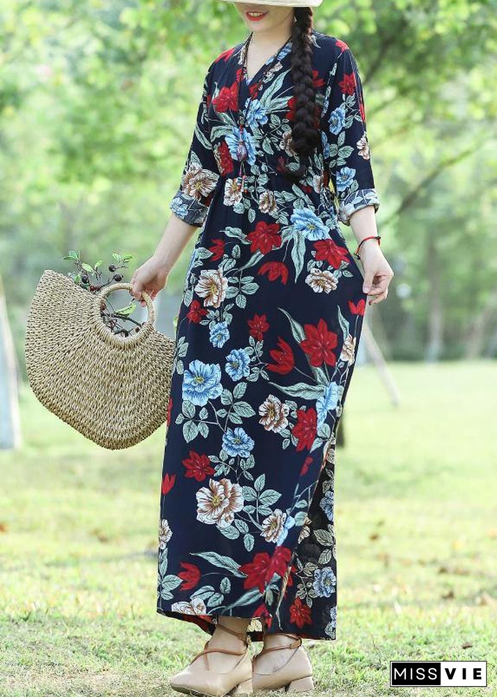 DIY blue cotton tunics for women Casual Shape prints cotton robes summer Dress