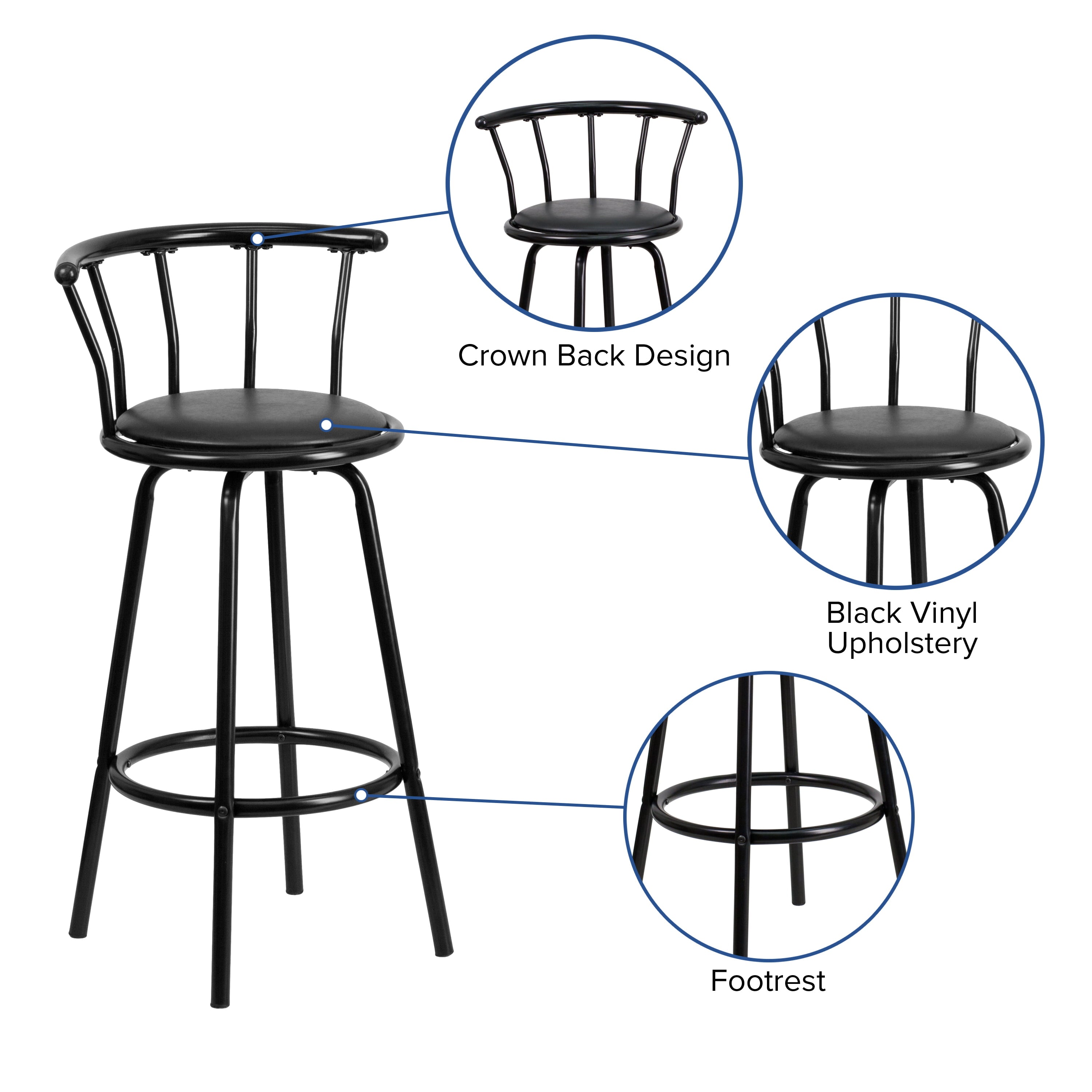 Flash Furniture Charla Crown Back Black Metal Barstool with Black Vinyl Swivel Seat