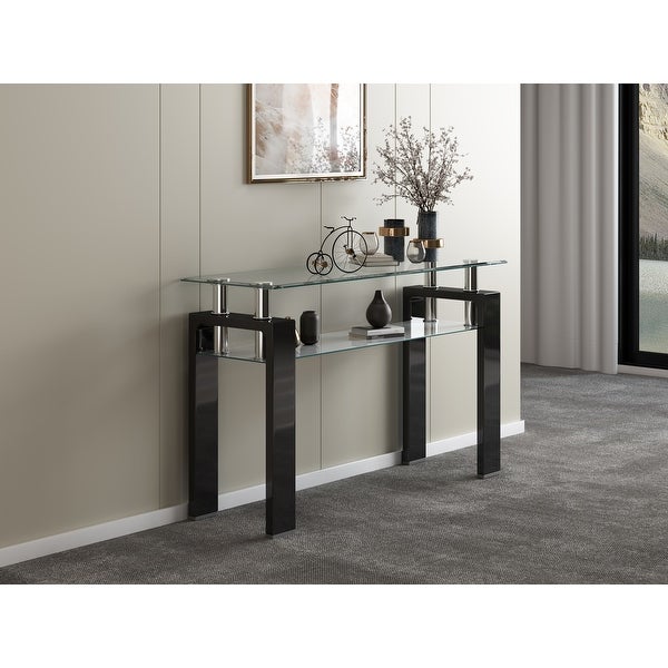 Tempered Glass Top Rectangular Double-Layer Console Table with MDF Legs， For Living Room， Foyer Console Table