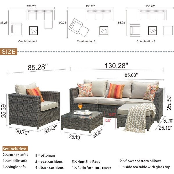 OVIOS Patio Furniture Deep Seat Wicker 6piece Set with Cushions