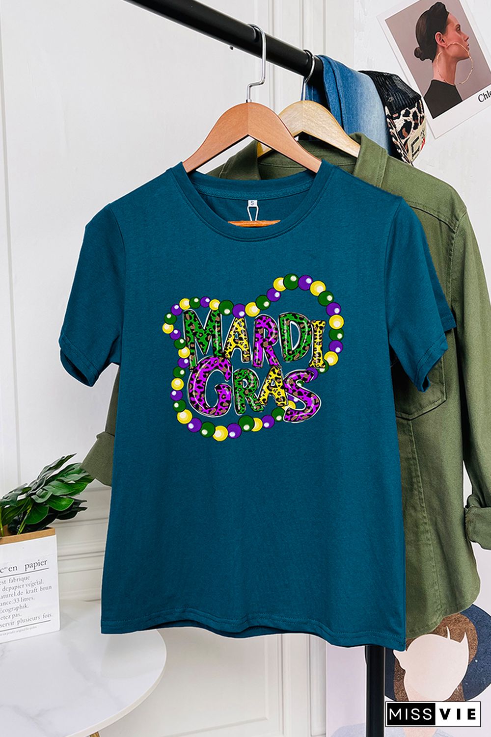 Mardi Gras Letter Print Short Sleeve Graphic Tee Wholesale