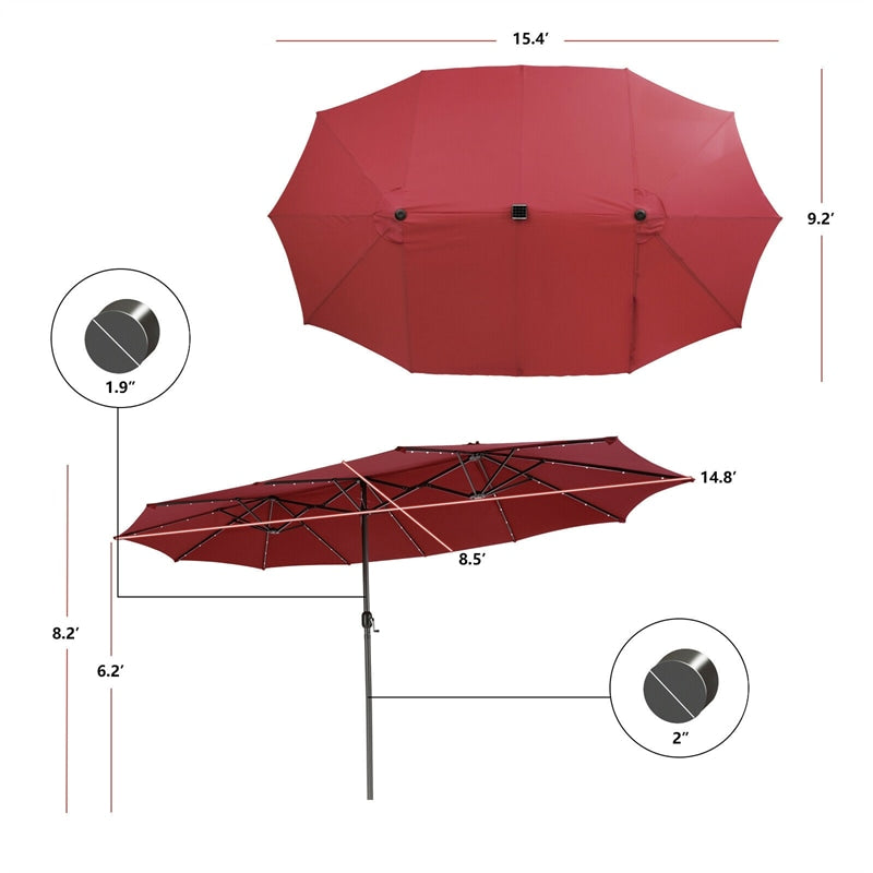 15 FT Large Outdoor Patio Table Umbrella with 48 Solar LED Lights & Crank, Double-Sided Metal Deck Pool Umbrella