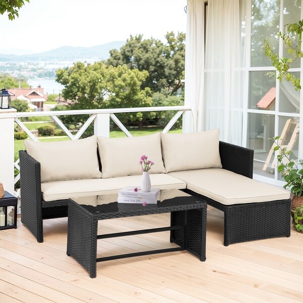 3 Pieces Patio Conversation Set，All Weather Outdoor PE Rattan Wicker Furniture Set with Cushions，Tempered Glass Coffee Table