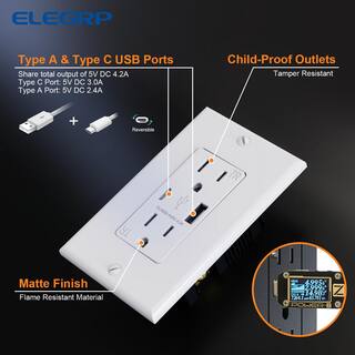 ELEGRP 4.2 Amp Type A  Type C USB Charger Wall Outlet 15 Amp Duplex Tamper Resistant Outlet with Wall Plate White（6 Pack） ER16142AC-0106S