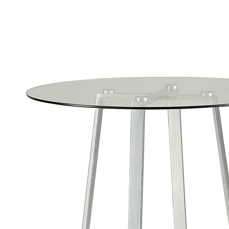 Round Glass Top Metal Frame Bar Table with Angled Legs， Silver and Clear