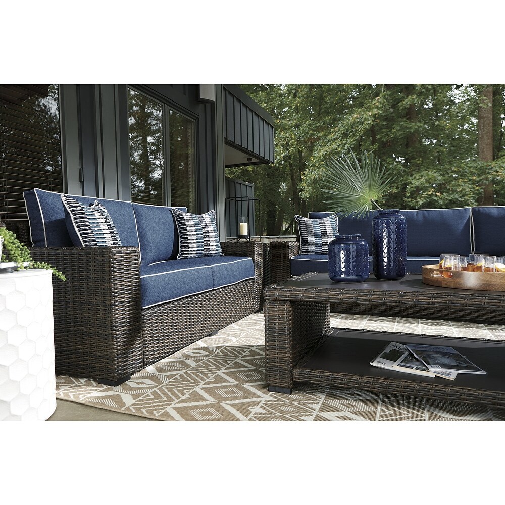 Signature Design by Ashley Grasson Lane Brown/Blue 3 Piece Outdoor Sofa and Loveseat with Coffee Table   97.13\