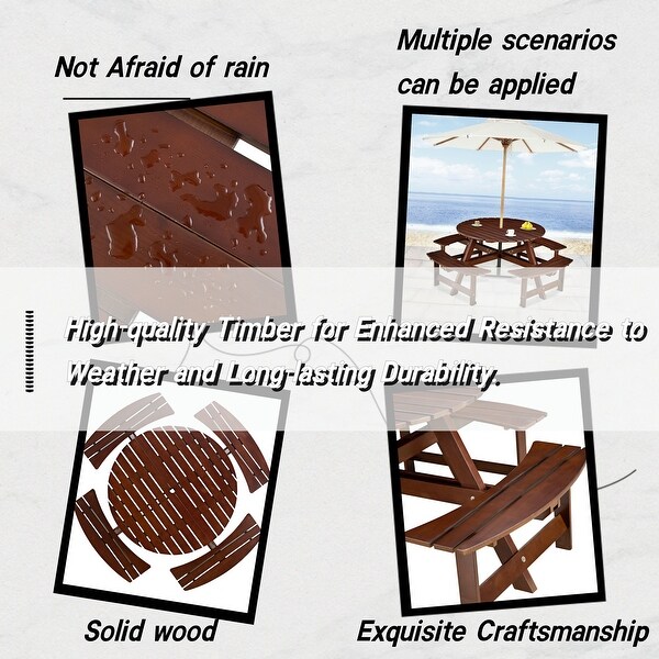 Outdoor 8 Person Picnic Table with 4 Builtin Benches，Umbrella Hole，Outside Table and Bench Set