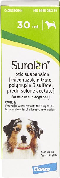 Surolan (miconazole nitrate， polymyxin B sulfate， prednisolone acetate) Otic Suspension for Dogs