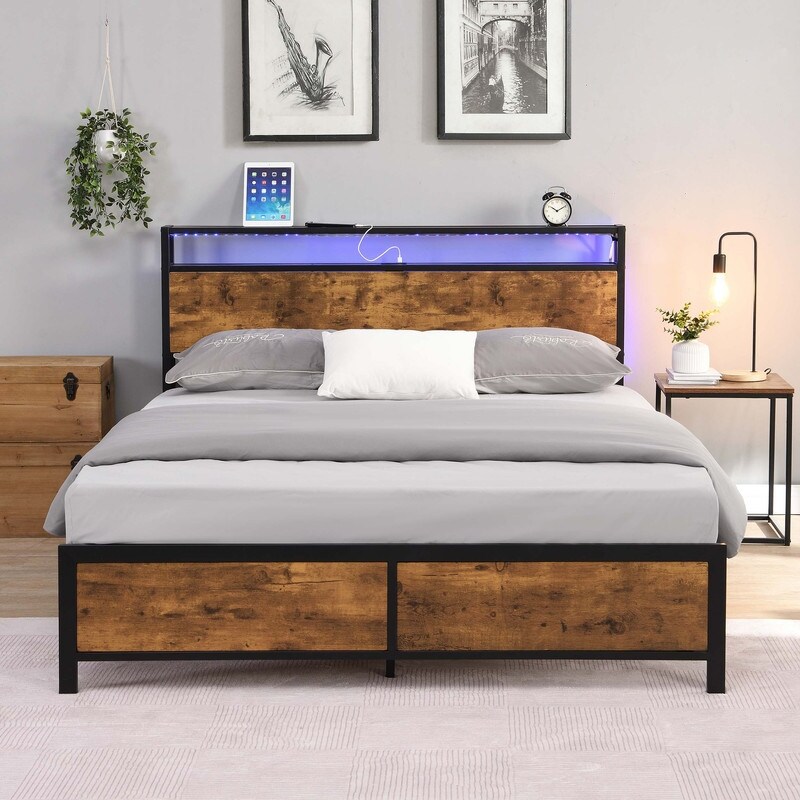 Industrial Queen/ Full Bed Frame with LED Lights and 2 USB Ports Rustic Brown