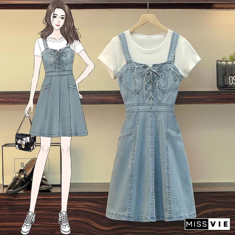 Basic Tee+Denim Cami Dress P10137