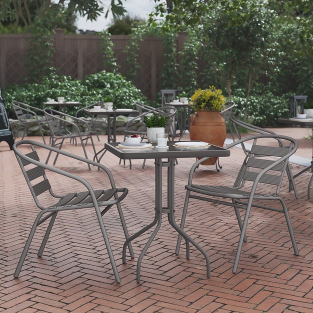 Flash Furniture Lila 23 5 x27 x27 Square Glass Metal Table With 2 Metal Aluminum Slat Stack Chairs